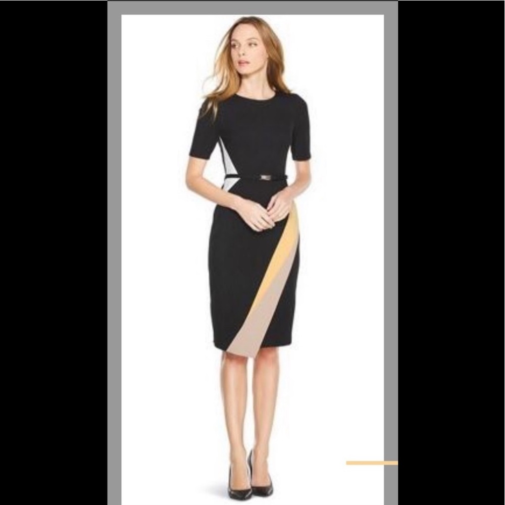 White House Black Market Short Sleeve Color Block Asymmetrical Dress Size 10.
